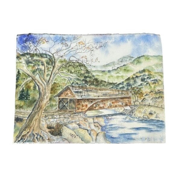 Watercolor Painting Of Flowers  Vase & Scenic Covered Bridge Landscape READ - Picture 1 of 11